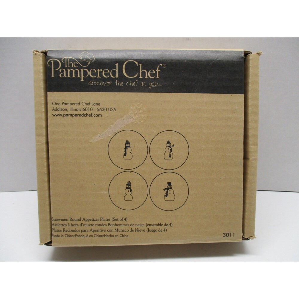 The Pampered Chef Snowman Appetizer Plates Round Set/4 Christmas Glass - 6 In